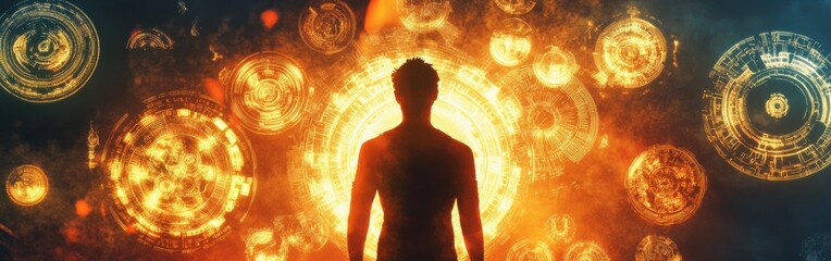 Poster - Man radiates light in a surreal, cosmic environment filled with glowing circles and symbols during an ethereal moment of introspection