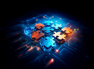 Poster - A group of puzzle pieces, colored in shades of blue and orange, are arranged on a glowing circuit board background, suggesting themes of connection, technology, and integration.