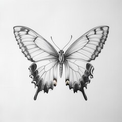 Poster - Symmetrical wings of a butterfly drawn in detailed black and white illustration showcasing natural beauty and elegance