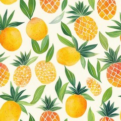Fototapete - Colorful watercolor doodle with pineapples and leaves in a calming pattern setting a cheerful and relaxing mood