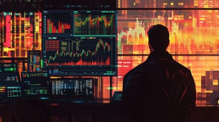 Poster - Traders silhouette monitors financial data and market trends in a vibrant and dynamic trading environment