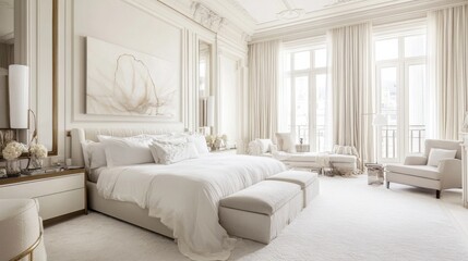 Poster - Bright and airy white bedroom design featuring elegant furnishings and natural light