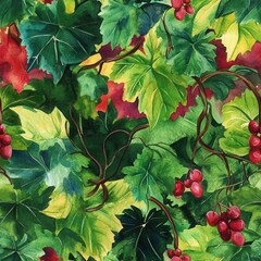 Poster - Doodle cartoon watercolor illustration of vibrant grapevines with lush green leaves and ripe red grapes