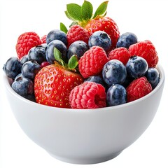 Wall Mural - Fresh and Colorful Assortment of Strawberries, Raspberries, and Blueberries in a White Bowl on a Bright Background