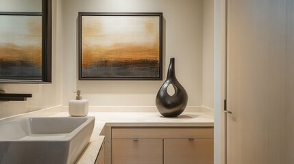 Aufkleber - Minimalist bathroom design with sculpture and serene art enhancing the space's tranquility