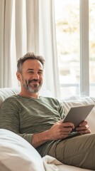 Aufkleber - Relaxed man enjoying a quiet afternoon at home while reading on a tablet in a cozy setting with natural light