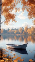 Aufkleber - Small boat floating gently on a tranquil lake surrounded by autumn foliage in a scenic natural landscape