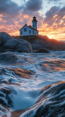 Poster - Stunning lighthouse standing against a vibrant sunset over rocky shoreline with crashing waves