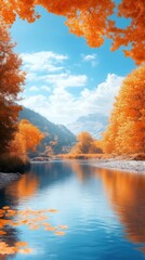 Aufkleber - Beautiful calm river reflects vibrant autumn colors and mountains under a bright blue sky