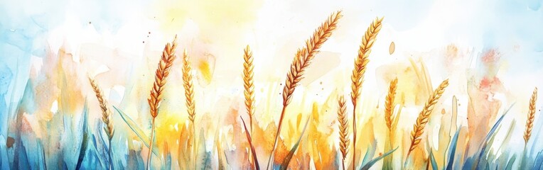 Poster - Golden wheat swaying in the breeze against a soft watercolor sky at sunset