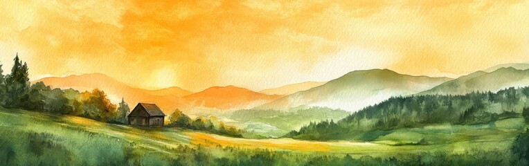 Poster - Vibrant watercolor landscape depicting a tranquil sunset over rolling hills and a rustic cabin