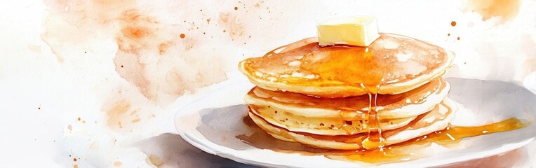 Poster - Delicious stack of pancakes drenched in syrup with butter on top in a soft watercolor setting