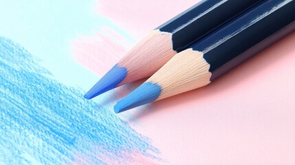 Poster - Blue pencil strokes create soft artistic effects on pastel background in a creative workspace