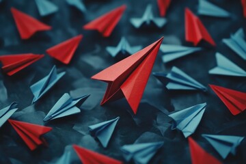 Fototapete - Group of paper planes flying in one direction with one red plane pointing the opposite way to symbolize creativity and innovation. Generative AI