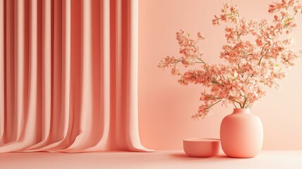 Poster - Elegant single-tone coral design featuring delicate floral arrangements and textured curtains in a serene interior setting
