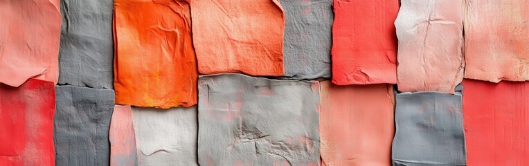 Poster - Elegant arrangement of coral and gray uneven patches showcasing textile design and color variation