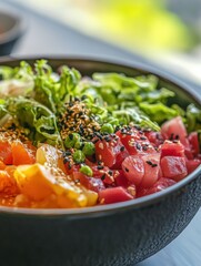 Poster - Freshly prepared vibrant salad showcasing colorful vegetables and greens, ideal for a healthy meal or snack