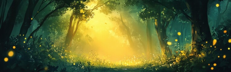 Poster - Bright golden bokeh highlights illuminate a tranquil forest pathway at dusk