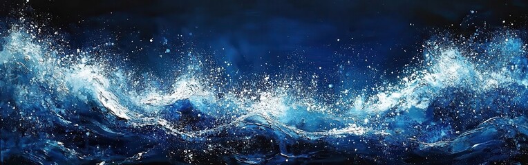 Poster - Sparkling sapphire blue ocean waves illuminated by radiant silver flecks under moonlit sky