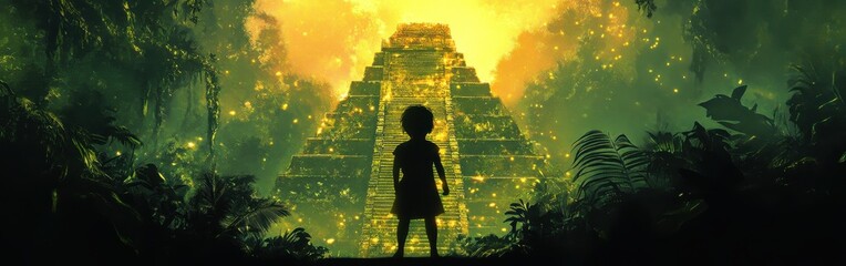 Poster - Vibrant silhouette of a child exploring a mystical jungle with a glowing ancient pyramid at sunset
