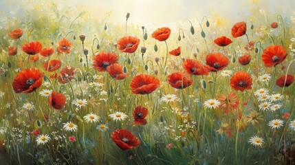 Aufkleber - Meadow blooming with vibrant red poppies and delicate white daisies in spring light