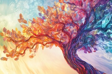 Wall Mural - Artistic rendering of a colorful tree with dynamic, textured 3D leaves and flowing branches, ideal for use as an abstract wallpaper design.