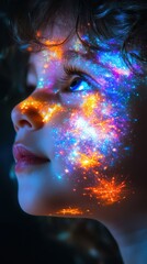 Poster - Child's face illuminated with vibrant colors and sparkles during an enchanting evening activity