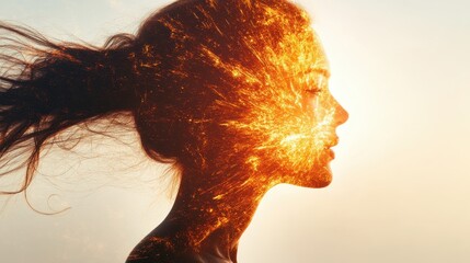 Fototapete - Glowing woman in a surreal setting with fiery elements during sunset