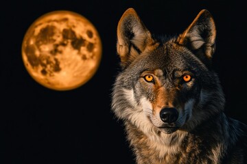 Poster - Wolf gazes at full moon against dark sky in a tranquil night setting. Generative AI