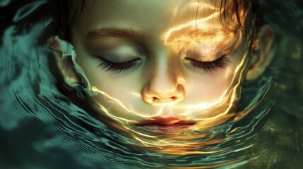 Poster - Surreal portrait of a glowing child submerged in water during a tranquil moment at dusk