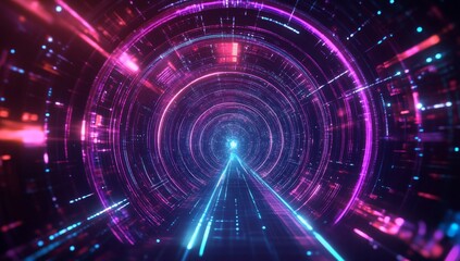 Poster - futuristic tunnel data stream, digital travel, glowing lights, abstract background, tech concept