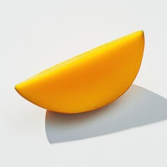 Poster - Bright yellow ripe mango slice on white surface with soft shadow cast by natural light
