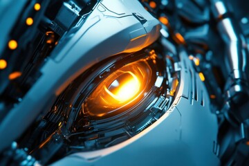 Leinwandbilder - Robotic eye glows softly in a complex network of futuristic circuits and technology. Generative AI
