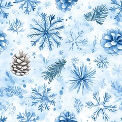 Poster - Serene watercolor doodle featuring winter elements and snowflakes in shades of blue