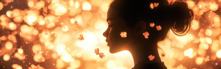 Poster - Serene silhouette of a woman amidst glowing butterflies, capturing a moment of tranquility in nature's beauty at dusk