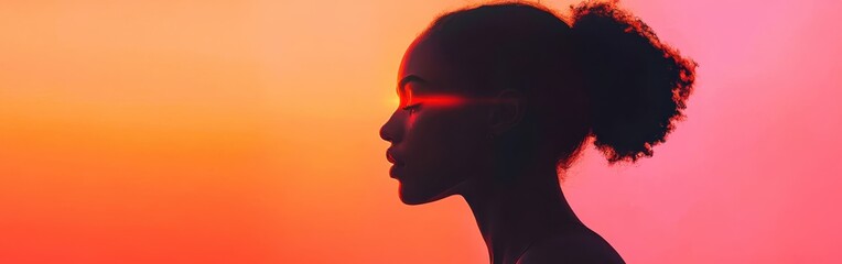 Poster - Portrait of a woman with glowing silhouette against a vibrant sunset backdrop showcasing tranquility and beauty