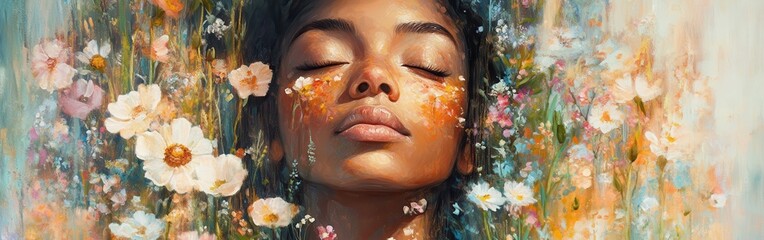 Poster - Serene woman with glowing face surrounded by blooming flowers in a tranquil meadow during daylight