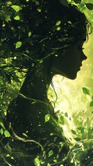 Poster - Portrait of a serene woman amidst glowing foliage in a tranquil setting filled with natural beauty and soft light