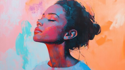 Poster - Serene portrait of a woman radiating tranquility amid warm pastel colors at sunset