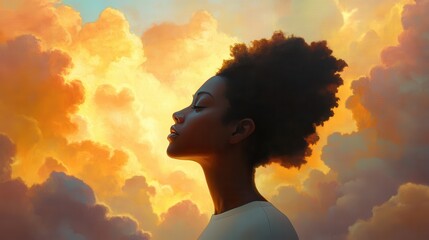 Poster - Serene portrait of a woman glowing with soft light during a sunset against a backdrop of colorful clouds