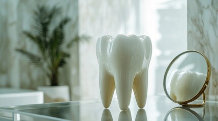 Poster - A striking large white tooth model stands prominently on a glass table illuminated by soft natural light. An elegant mirror enhances the serene atmosphere in the room