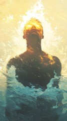 Aufkleber - A tranquil moment of a man immersed in water radiating warmth and tranquility under the golden hues of sunset