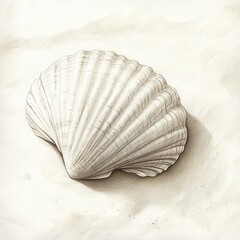 Poster - Seashell resting in fine sand captured through detailed pencil sketching at a serene coastal location