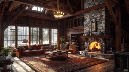 Aufkleber - Rustic living room featuring a large stone fireplace and cozy furnishings in a warm, inviting atmosphere