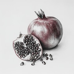 Poster - Intricate drawing of a pomegranate with seeds spilling out, showcasing fine details and textures, ideal for art appreciation