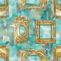 Poster - Radiant watercolor doodle featuring ornate golden frames on a turquoise background