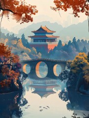 Wall Mural - Autumn Palace Bridge, misty mountains, tranquil scene, travel poster