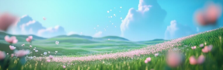 Poster - Serene green field with blooming flowers and a bright blue sky on a tranquil day