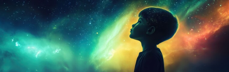 Poster - Mystical visualization of a child gazing at a cosmic wonder under a vibrant night sky