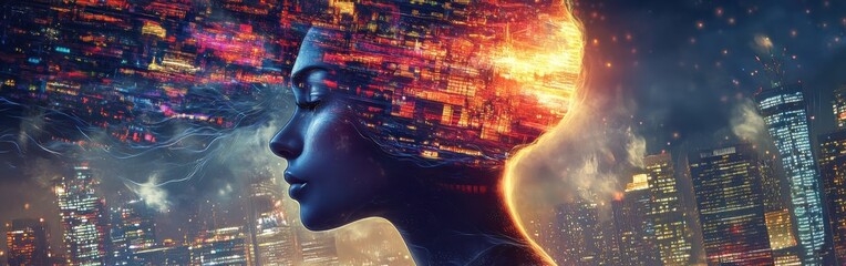 Aufkleber - Mystical profile of a woman illuminated by vibrant city lights at night